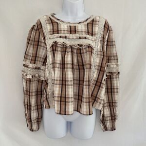 American Eagle High-Neck Cottagecore Babydoll Brown Plaid Lace Boho Open Back L